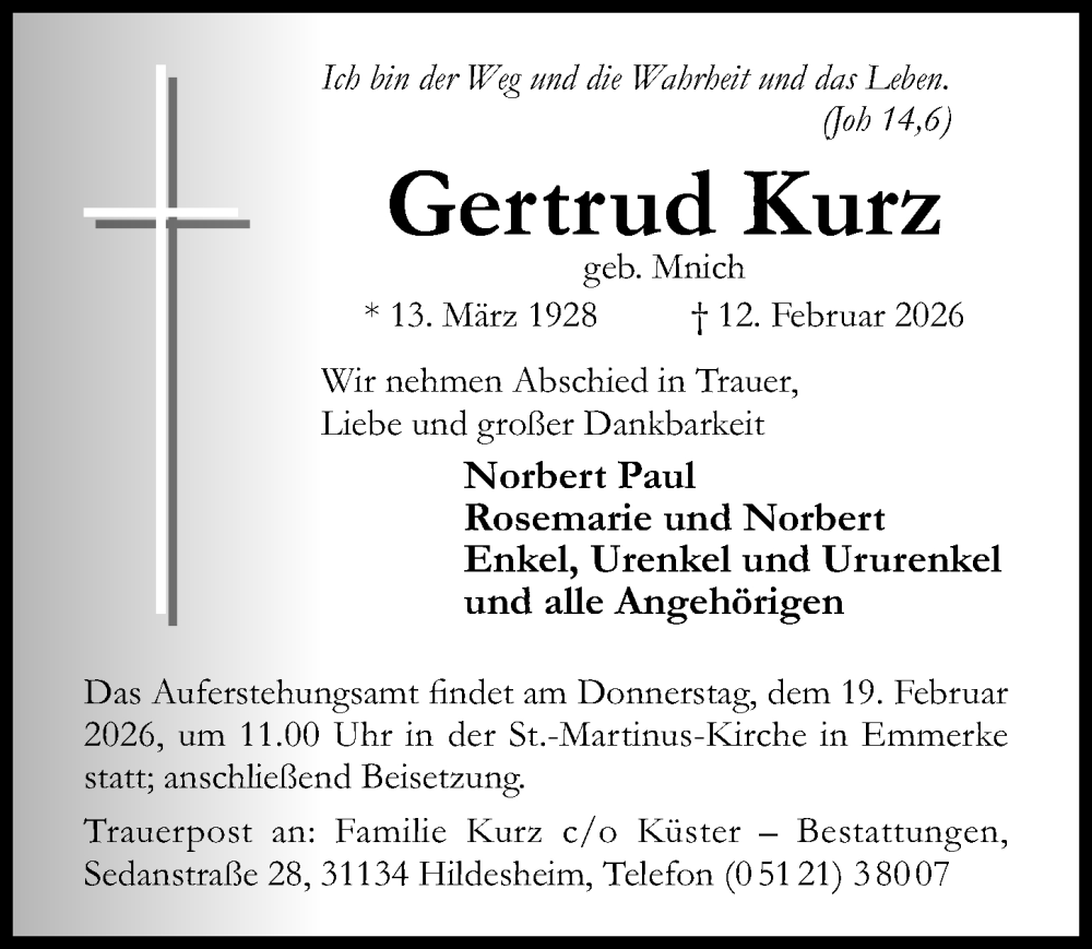  Traueranzeige für Gertrud Kurz vom 14.02.2026 aus Hildesheimer Allgemeine Zeitung