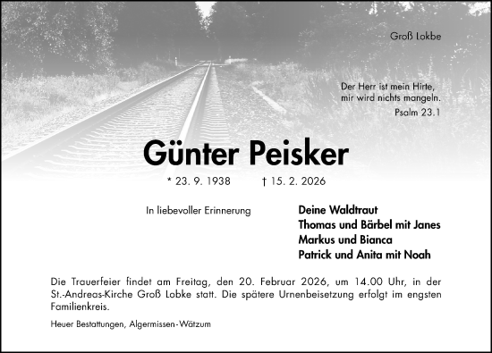 Traueranzeige von Günter Peisker von Hildesheimer Allgemeine Zeitung