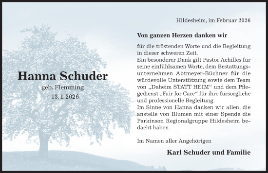 Traueranzeige von Hanna Schuder von Hildesheimer Allgemeine Zeitung