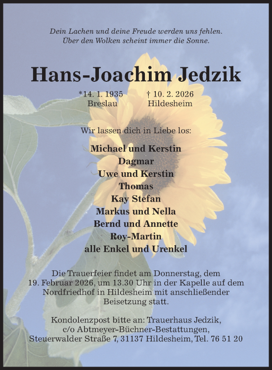 Traueranzeige von Hans-Joachim Jedzik von Hildesheimer Allgemeine Zeitung
