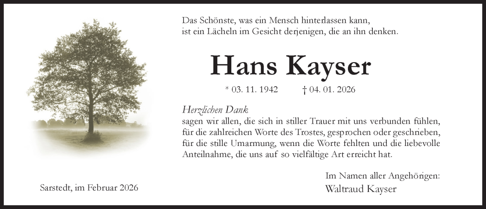  Traueranzeige für Hans Kayser vom 04.02.2026 aus Hildesheimer Allgemeine Zeitung