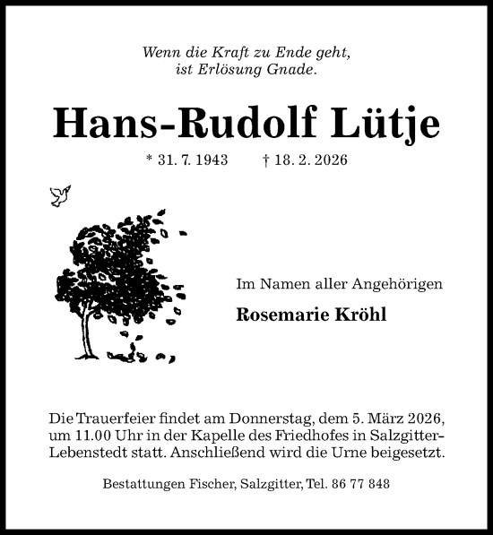 Traueranzeige von Hans-Rudolf Lütje von Hildesheimer Allgemeine Zeitung