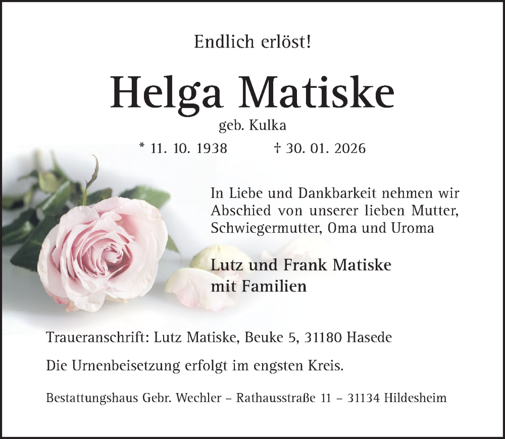  Traueranzeige für Helga Matiske vom 04.02.2026 aus Hildesheimer Allgemeine Zeitung