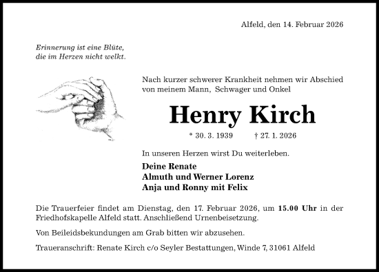 Traueranzeige von Henry Kirch von Hildesheimer Allgemeine Zeitung