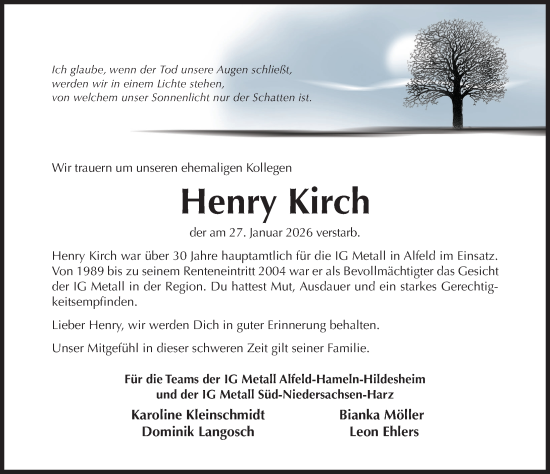 Traueranzeige von Henry Kirch von Hildesheimer Allgemeine Zeitung