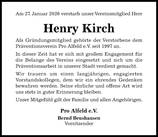 Traueranzeige von Henry Kirch von Hildesheimer Allgemeine Zeitung