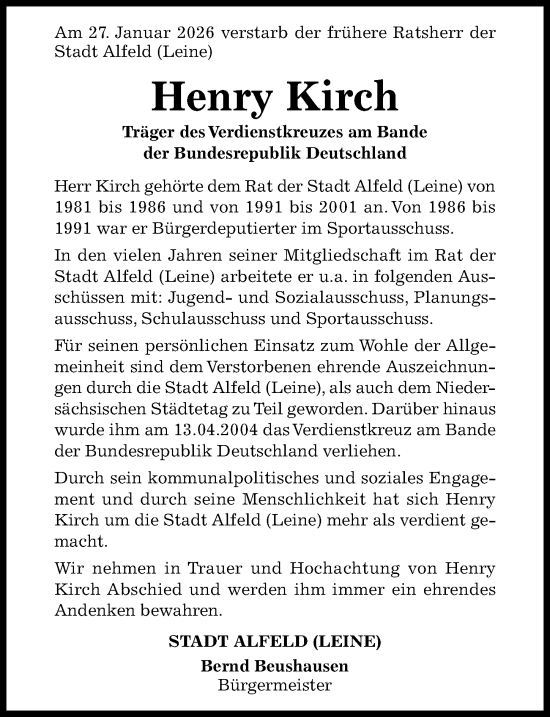 Traueranzeige von Henry Kirch von Hildesheimer Allgemeine Zeitung
