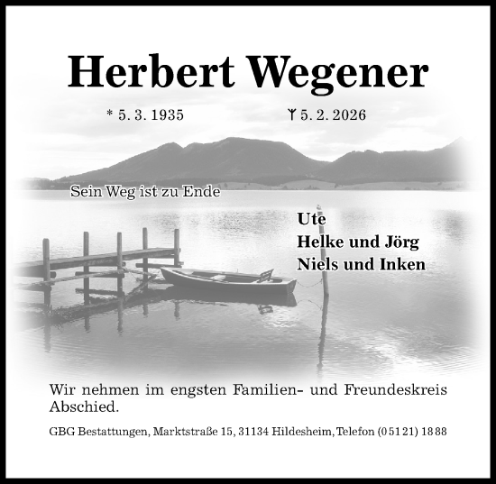 Traueranzeige von Herbert Wegener von Hildesheimer Allgemeine Zeitung