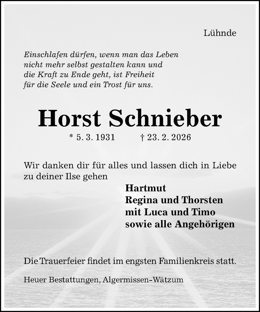  Traueranzeige für Horst Schnieber vom 28.02.2026 aus Hildesheimer Allgemeine Zeitung