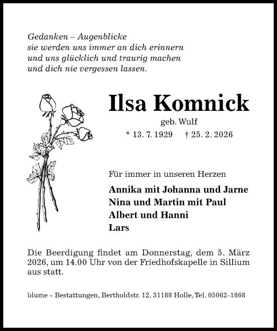 Traueranzeige von Ilsa Komnick von Hildesheimer Allgemeine Zeitung