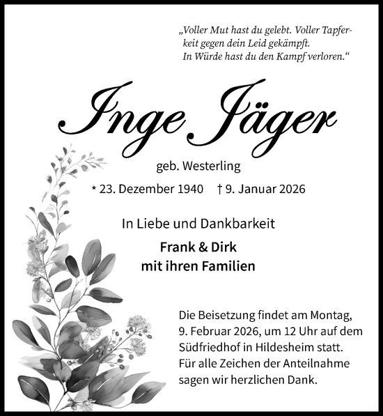 Traueranzeige von Inge Jäger von Hildesheimer Allgemeine Zeitung