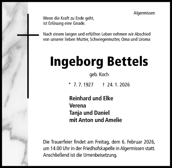 Traueranzeige von Ingeborg Bettels von Hildesheimer Allgemeine Zeitung