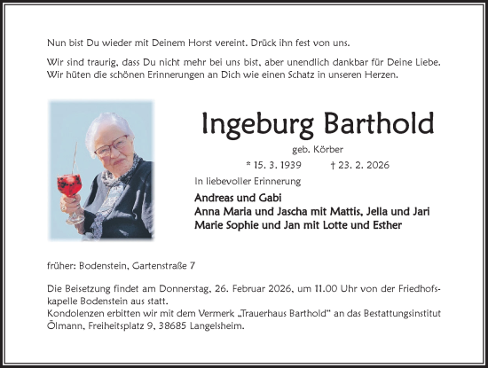 Traueranzeige von Ingeburg Barthold von Hildesheimer Allgemeine Zeitung