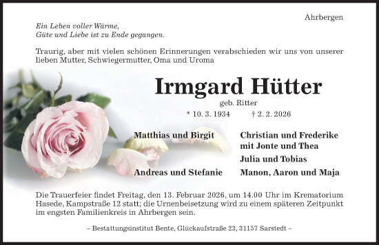 Traueranzeige von Irmgard Hütter von Hildesheimer Allgemeine Zeitung
