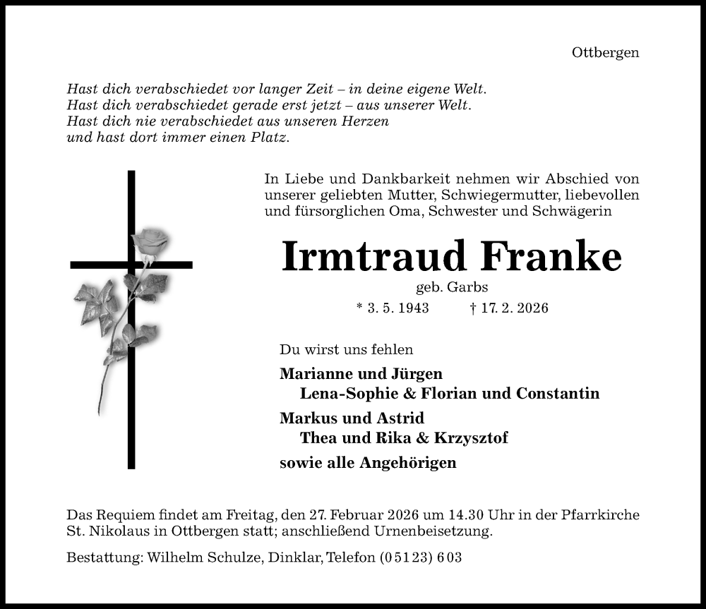  Traueranzeige für Irmtraud Franke vom 21.02.2026 aus Hildesheimer Allgemeine Zeitung