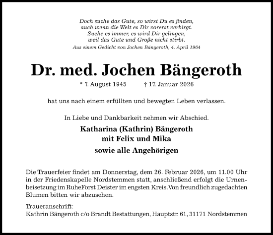 Traueranzeige von Jochen Bängeroth von Hildesheimer Allgemeine Zeitung