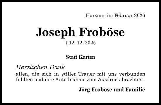 Traueranzeige von Joseph Froböse von Hildesheimer Allgemeine Zeitung