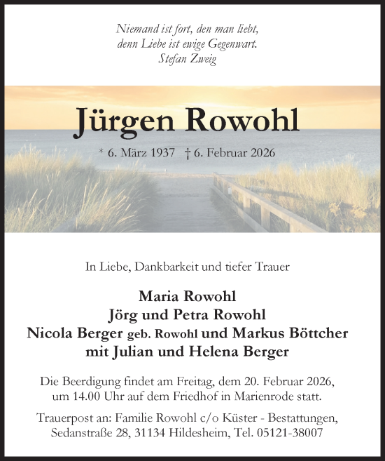 Traueranzeige von Jürgen Rowohl von Hildesheimer Allgemeine Zeitung