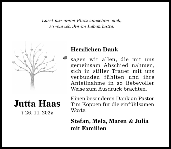 Traueranzeige von Jutta Haas von Hildesheimer Allgemeine Zeitung