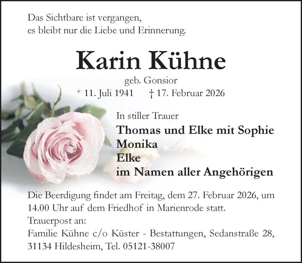  Traueranzeige für Karin Kühne vom 21.02.2026 aus Hildesheimer Allgemeine Zeitung