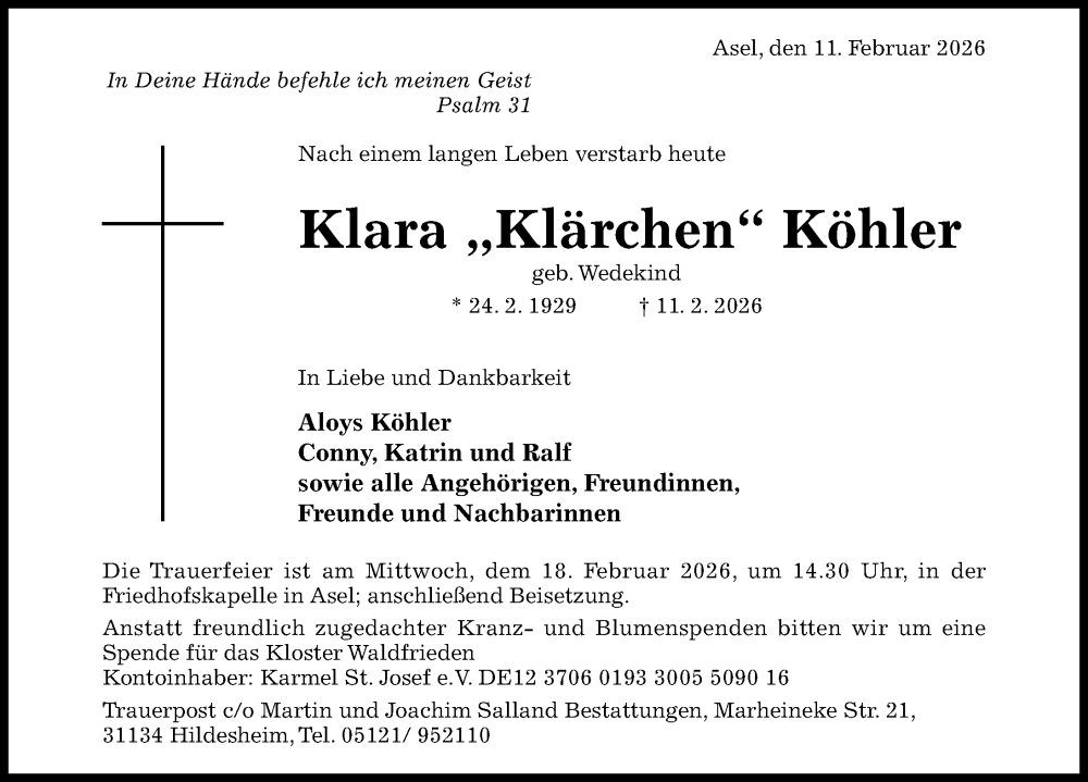  Traueranzeige für Klara Köhler vom 14.02.2026 aus Hildesheimer Allgemeine Zeitung