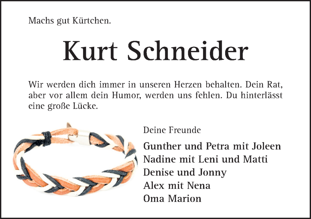  Traueranzeige für Kurt Schneider vom 28.02.2026 aus Hildesheimer Allgemeine Zeitung