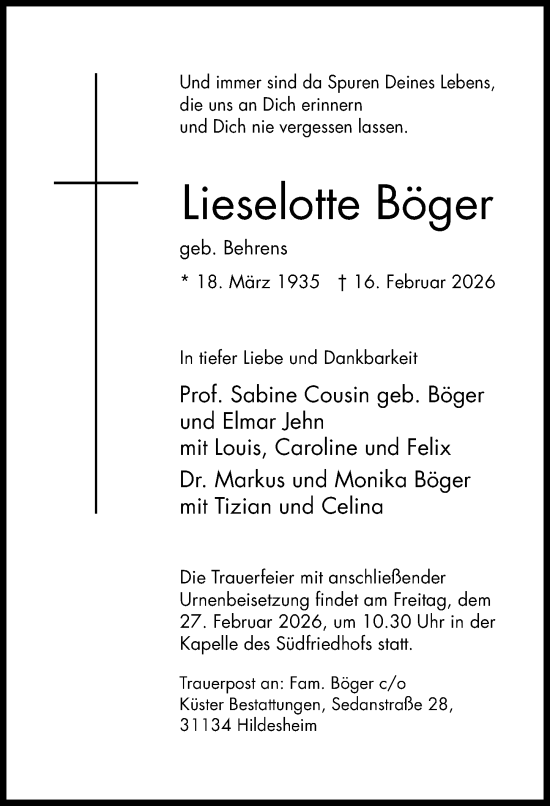 Traueranzeige von Lieselotte Böger von Hildesheimer Allgemeine Zeitung
