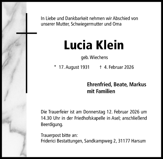 Traueranzeige von Lucia Klein von Hildesheimer Allgemeine Zeitung