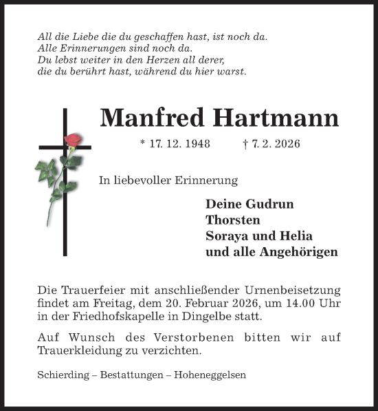 Traueranzeige von Manfred Hartmann von Hildesheimer Allgemeine Zeitung