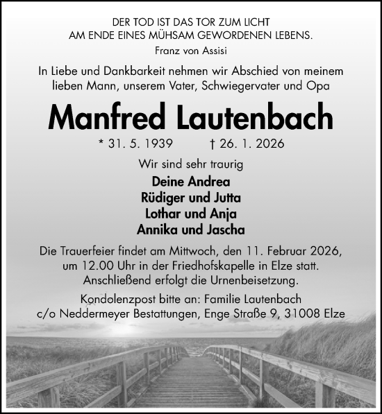 Traueranzeige von Manfred Lautenbach von Hildesheimer Allgemeine Zeitung