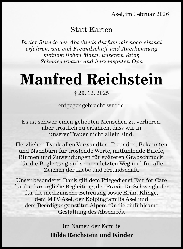  Traueranzeige für Manfred Reichstein vom 04.02.2026 aus Hildesheimer Allgemeine Zeitung