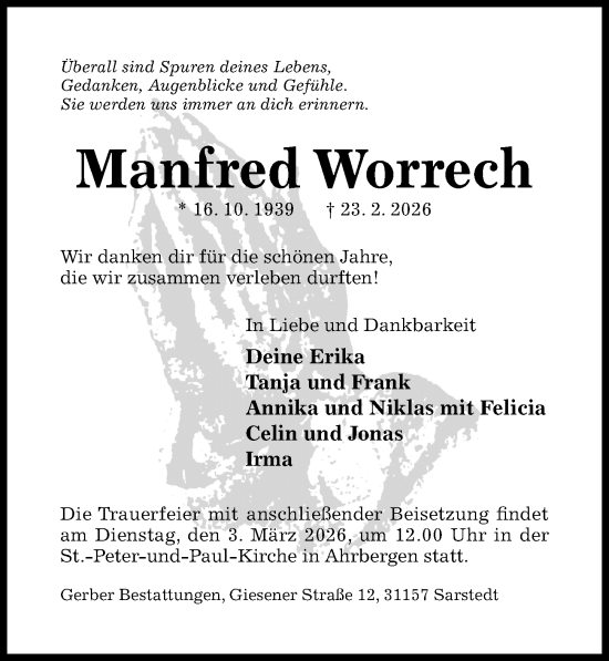 Traueranzeige von Manfred Worrech von Hildesheimer Allgemeine Zeitung