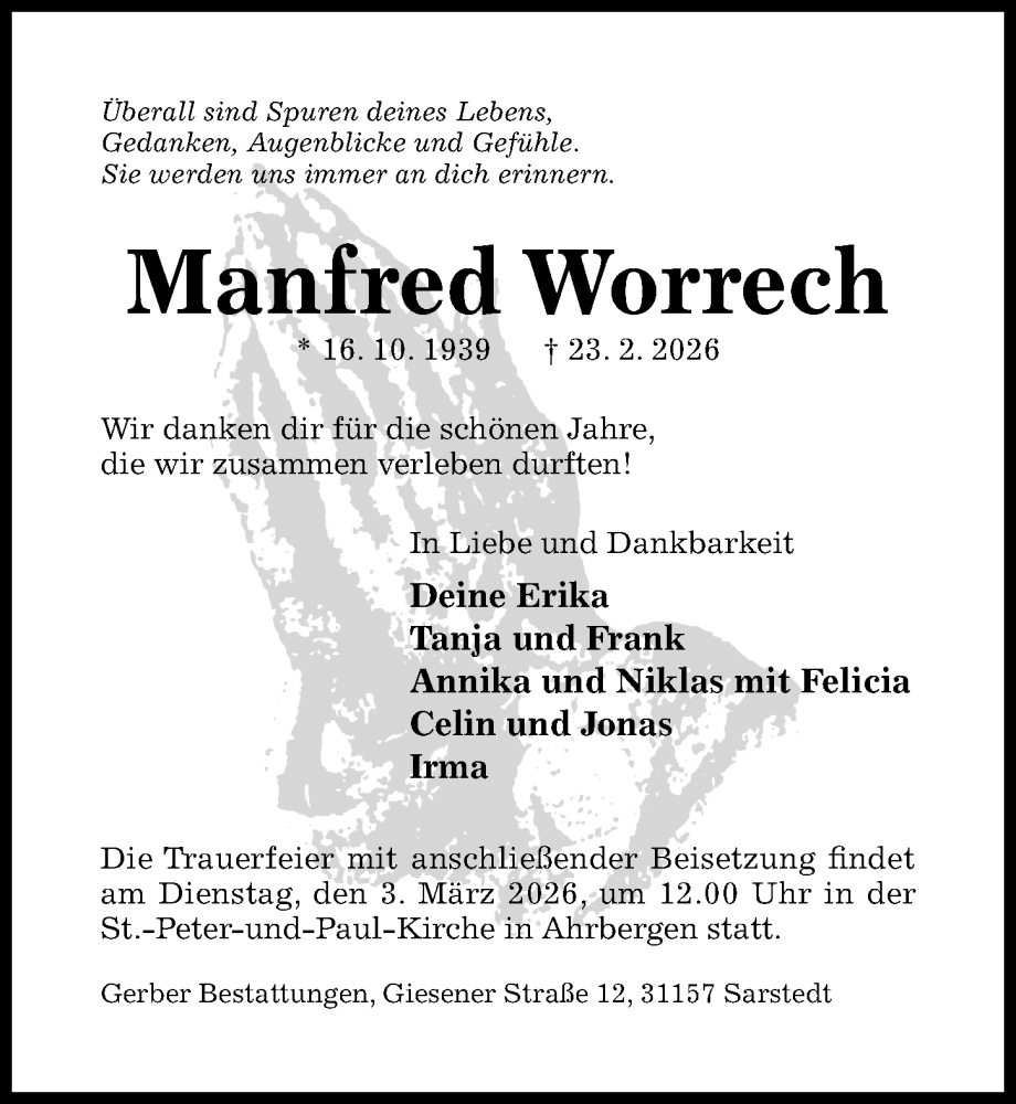  Traueranzeige für Manfred Worrech vom 25.02.2026 aus Hildesheimer Allgemeine Zeitung