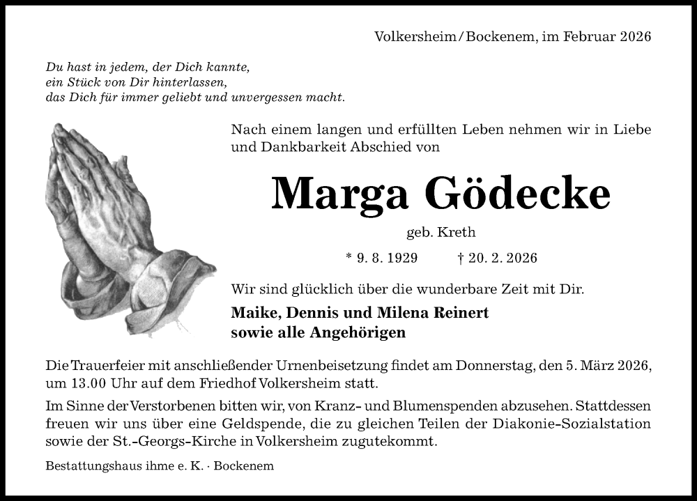  Traueranzeige für Marga Gödecke vom 25.02.2026 aus Hildesheimer Allgemeine Zeitung