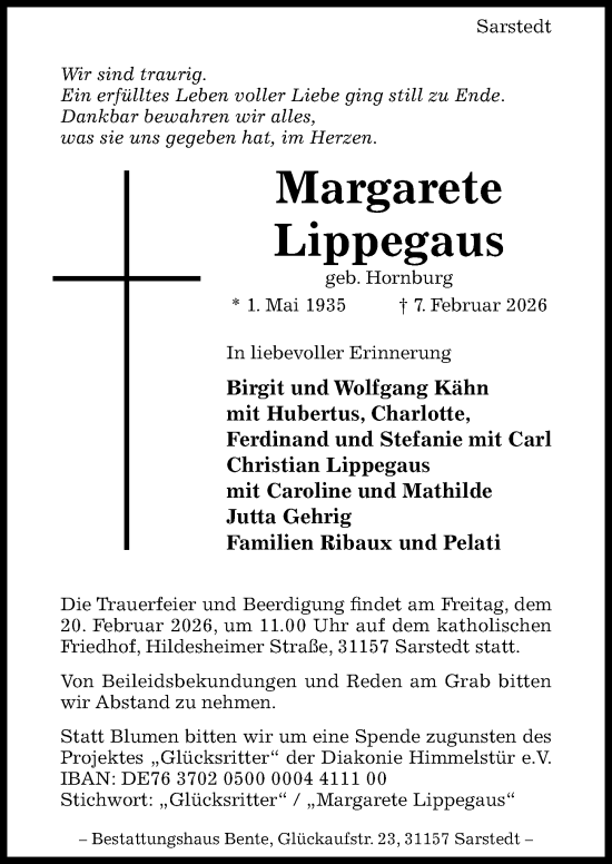 Traueranzeige von Margarete Lippegaus von Hildesheimer Allgemeine Zeitung