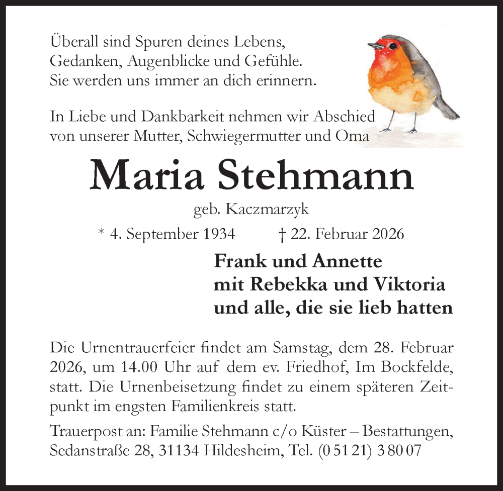  Traueranzeige für Maria Stehmann vom 25.02.2026 aus Hildesheimer Allgemeine Zeitung