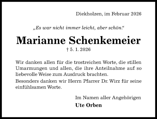 Traueranzeige von Marianne Schenkemeier von Hildesheimer Allgemeine Zeitung