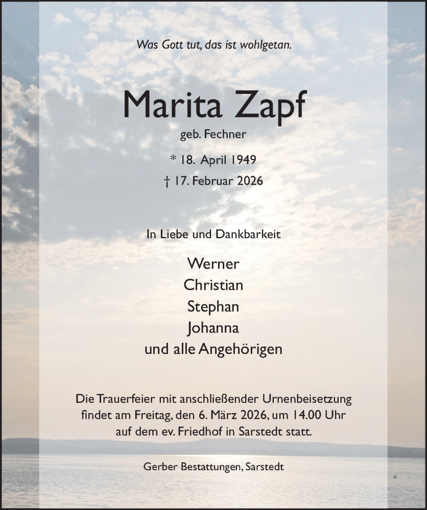  Traueranzeige für Marita Zapf vom 21.02.2026 aus Hildesheimer Allgemeine Zeitung