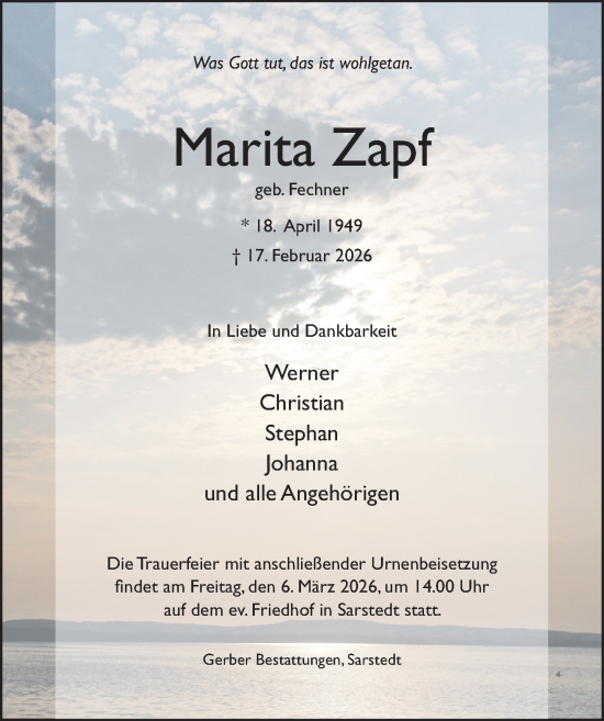 Traueranzeige von Marita Zapf von Hildesheimer Allgemeine Zeitung