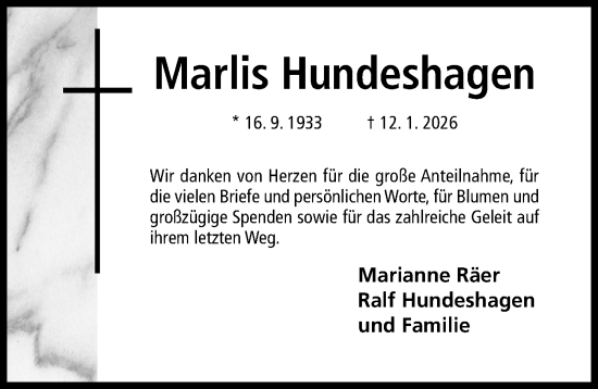 Traueranzeige von Marlis Hundeshagen von Hildesheimer Allgemeine Zeitung