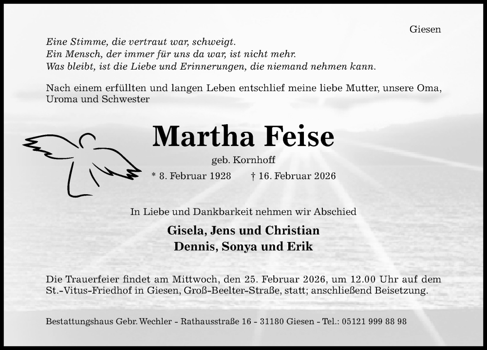  Traueranzeige für Martha Feise vom 18.02.2026 aus Hildesheimer Allgemeine Zeitung