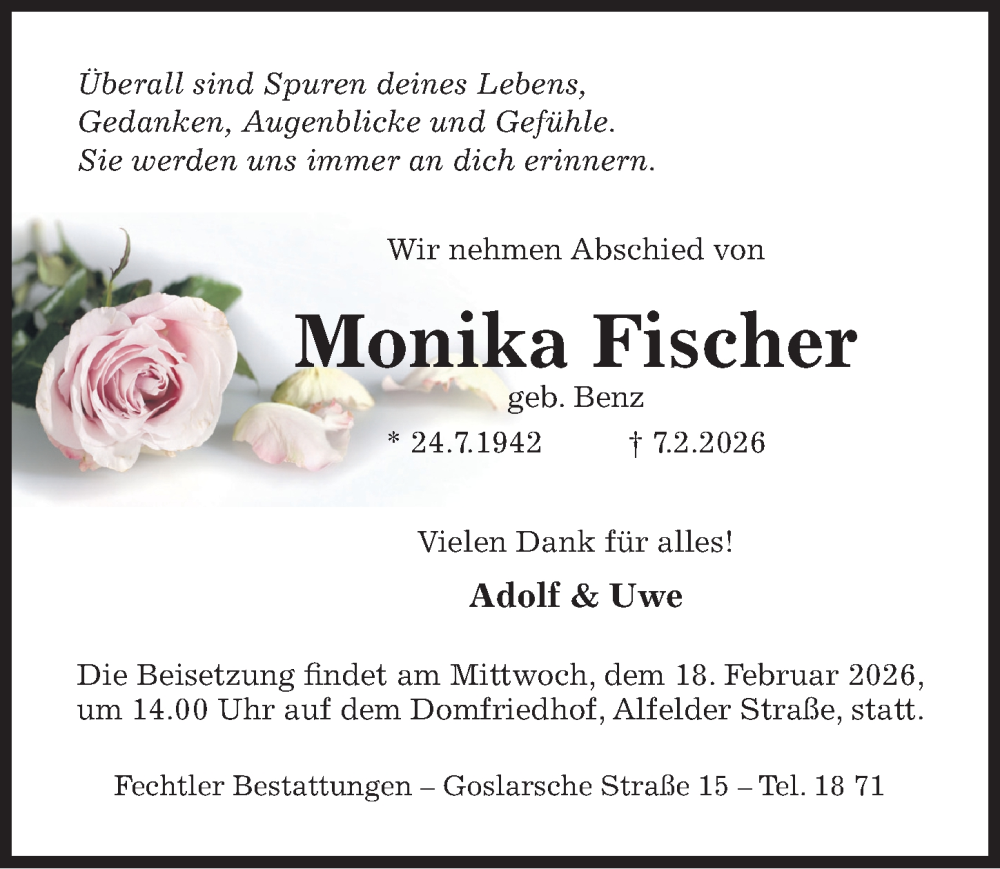  Traueranzeige für Monika Fischer vom 11.02.2026 aus Hildesheimer Allgemeine Zeitung