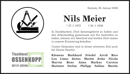Traueranzeige von Nils Meier von Hildesheimer Allgemeine Zeitung