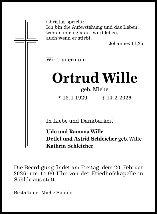 Traueranzeige von Ortrud Wille von Hildesheimer Allgemeine Zeitung