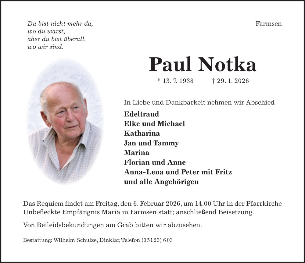  Traueranzeige für Paul Notka vom 04.02.2026 aus Hildesheimer Allgemeine Zeitung