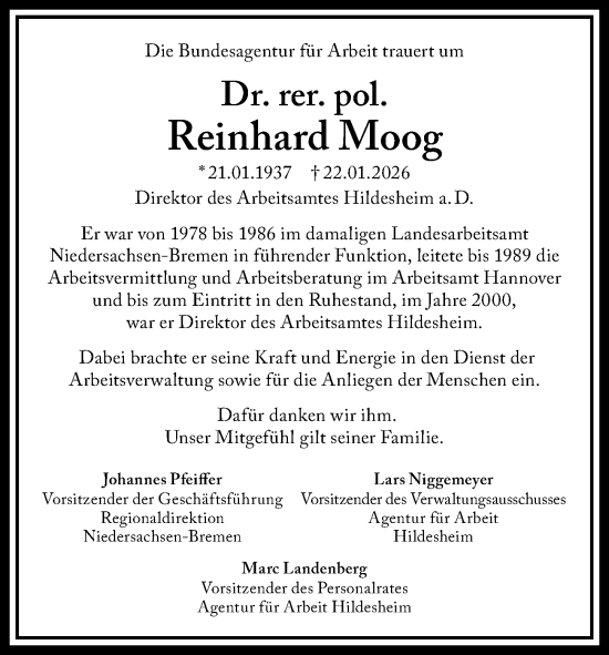 Traueranzeige von Reinhard Moog von Hildesheimer Allgemeine Zeitung