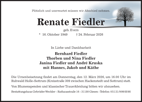 Traueranzeige von Renate Fiedler von Hildesheimer Allgemeine Zeitung