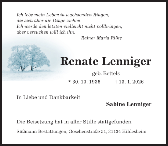 Traueranzeige von Renate Lenniger von Hildesheimer Allgemeine Zeitung