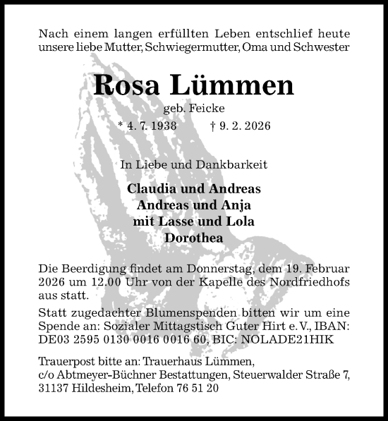 Traueranzeige von Rosa Lümmen von Hildesheimer Allgemeine Zeitung