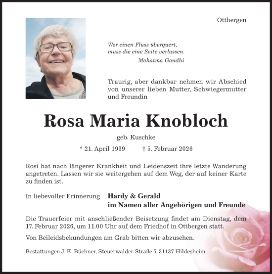 Traueranzeige von Rosa Maria Knobloch von Hildesheimer Allgemeine Zeitung